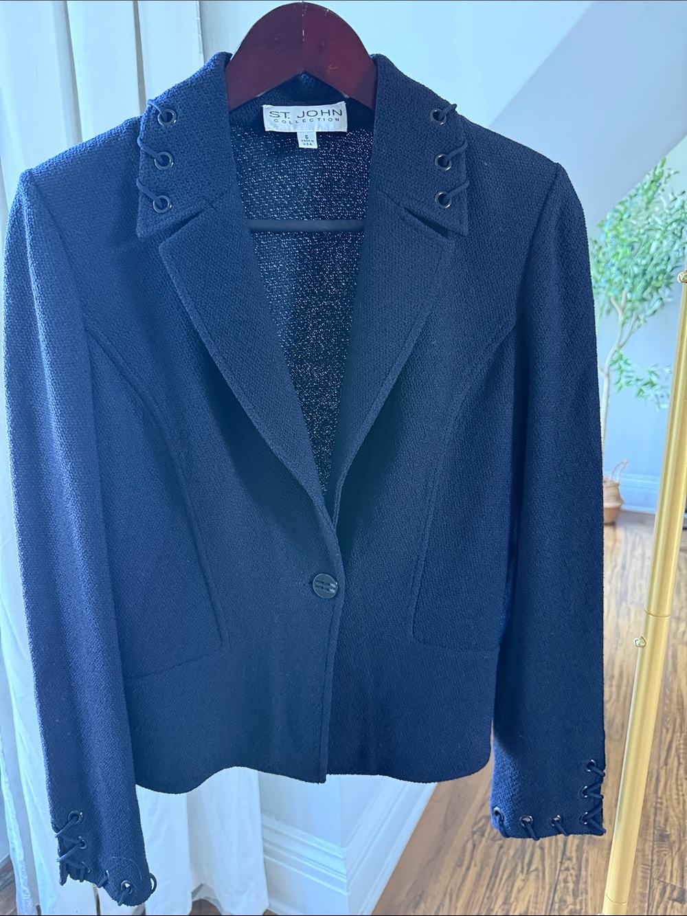 St. John Black Knit Blazer with Eyelet Lace-Up Details